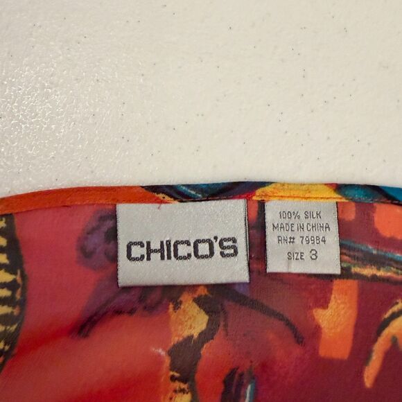 Chico's Blouse Women's 3 Colorful 100% Silk V-Neck Art To Wear Printed Top - Picture 7 of 8